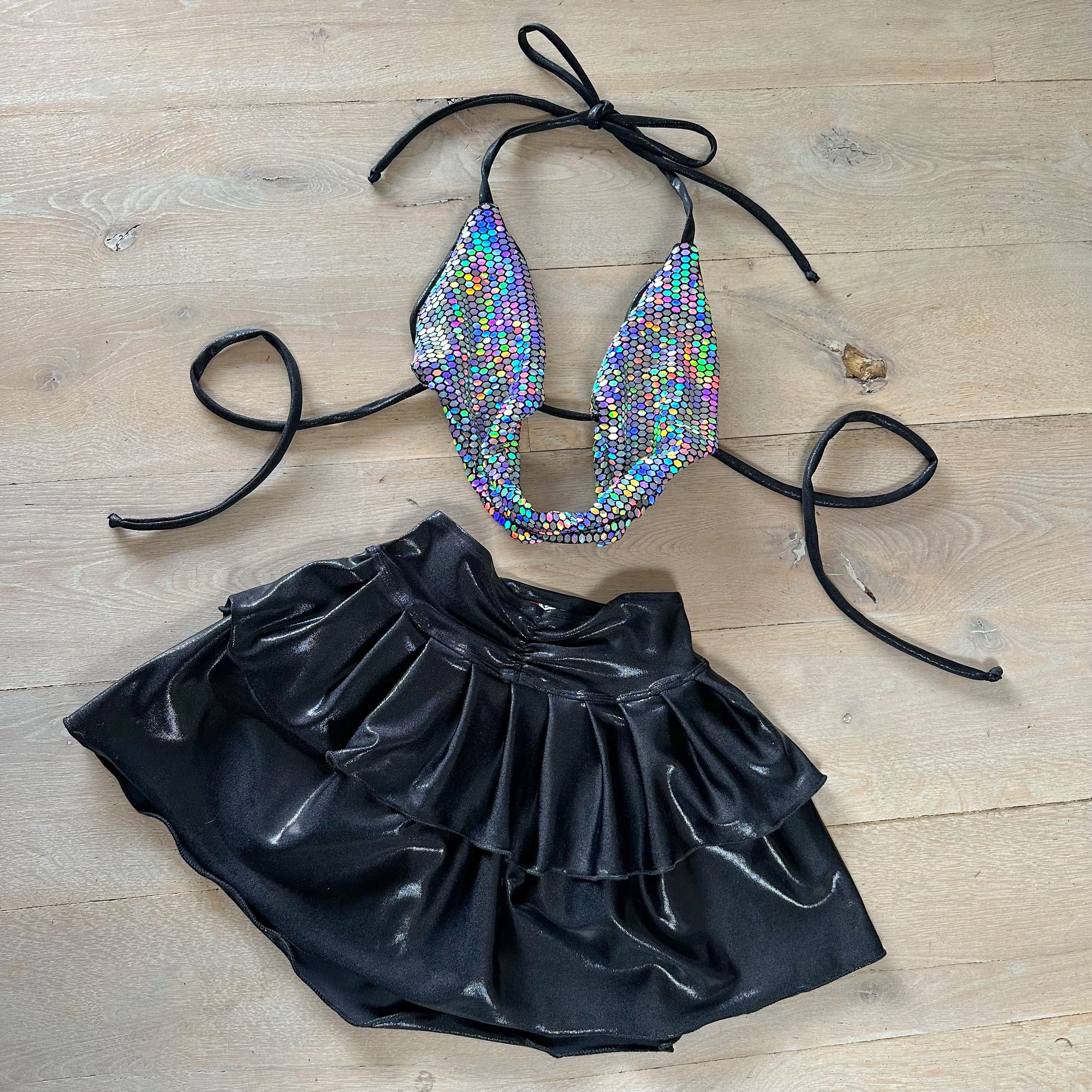 Holographic sparkle cowl neck top & metallic black micro skirt image 1
