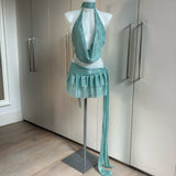 Metallic Mint Sheer Cowl Neck Top & Skirt
