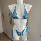 Powder Blue Bikini Set, Sequin Cowl Neck Top & Skirt