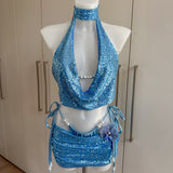 Powder Blue Bikini Set, Sequin Cowl Neck Top & Skirt - Bundle
