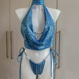 Powder Blue Bikini Set & Sequin Cowl Neck Top