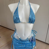 Powder Blue Sequin Bikini Set & Skirt