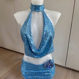 Powder Blue Sequin Cowl Neck Top & Skirt (No bikini)