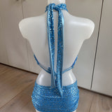 Powder Blue Sequin Cowl Neck Top & Skirt (No bikini)