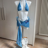 Powder Blue Sequin Bikini Set & Skirt