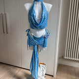 Powder Blue Bikini Set, Sequin Cowl Neck Top & Skirt