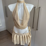 Pearl Beaded Gold Bikini Set, Metallic Gold Sheer Cowl Neck Top & Skirt - Full Set Bundle Deal