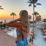 Powder Blue Bikini Set, Sequin Cowl Neck Top & Skirt