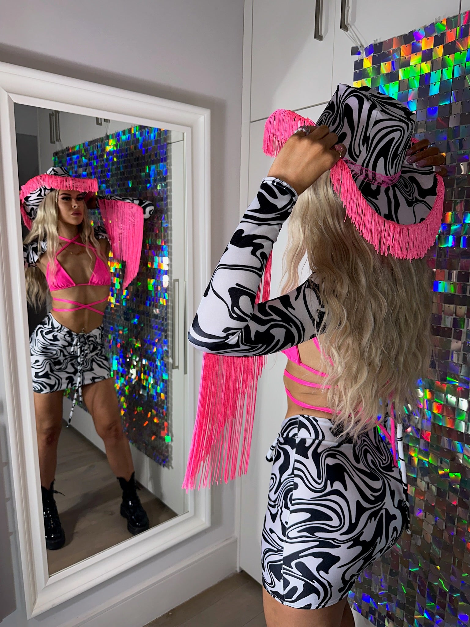 Monochrome swirl - fringe extreme crop, ruched skirt & neon pink bralet image 0