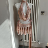 Pearl Beaded Blush Pink Bikini Set, Metallic Blush Pink Sheer Cowl Neck Top & Skirt - Full Set Bundle Deal