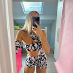 Monochrome Swirl - Unitard with pink bandeau & Fringe sleeve image 3