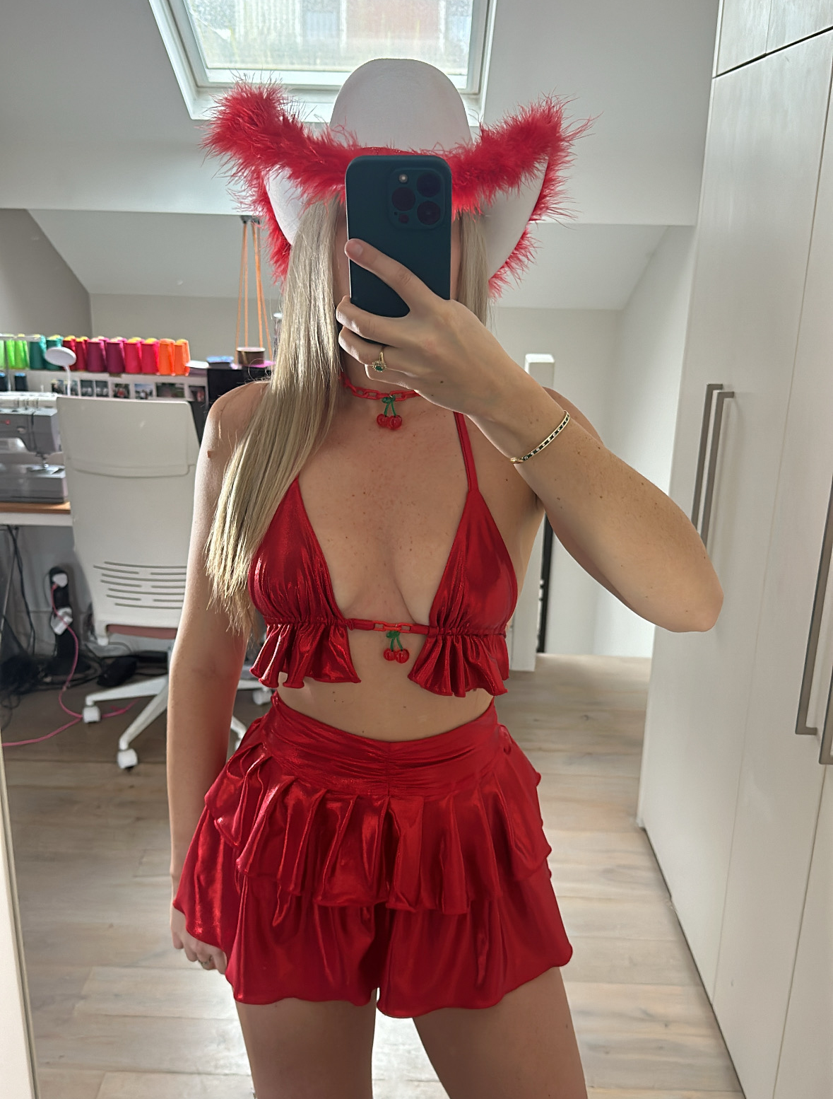 Metallic Red - Cherry charm bralet, layered skirt & rhinestone extreme crop top  image 7