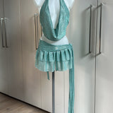 Metallic Mint Sheer Cowl Neck Top & Skirt