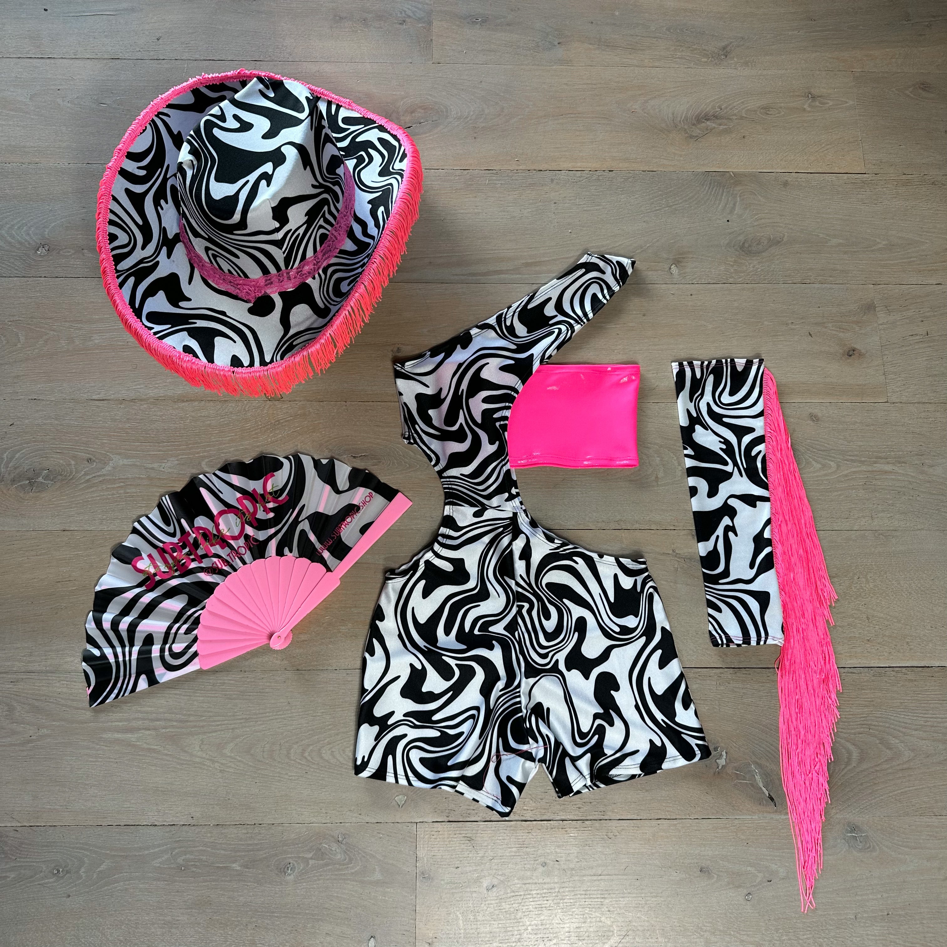 Monochrome Swirl - Unitard with pink bandeau & Fringe sleeve image 4