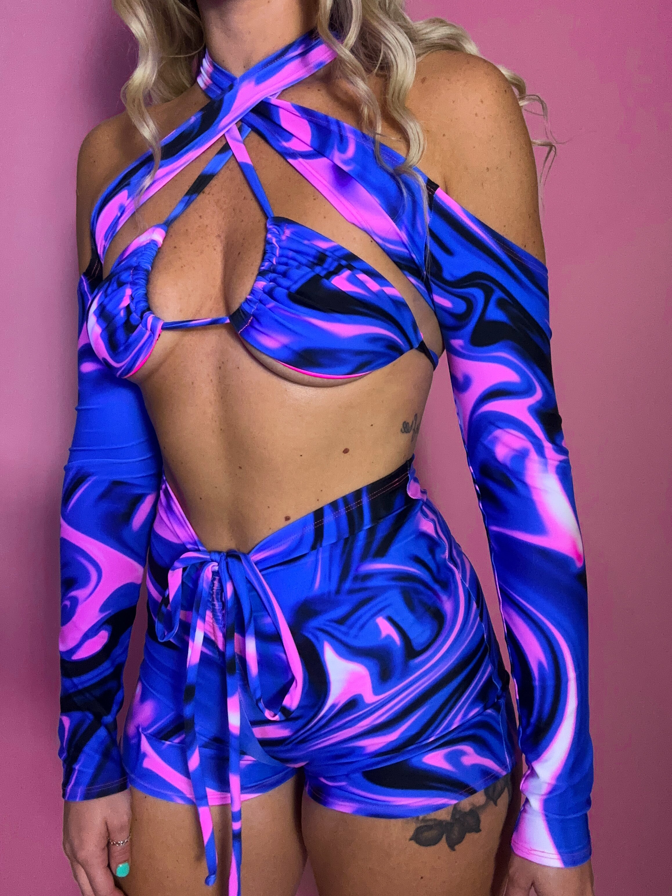Bralet, Arm sleeves & Shorts set - UV Wavey print (Blue colour) image 2