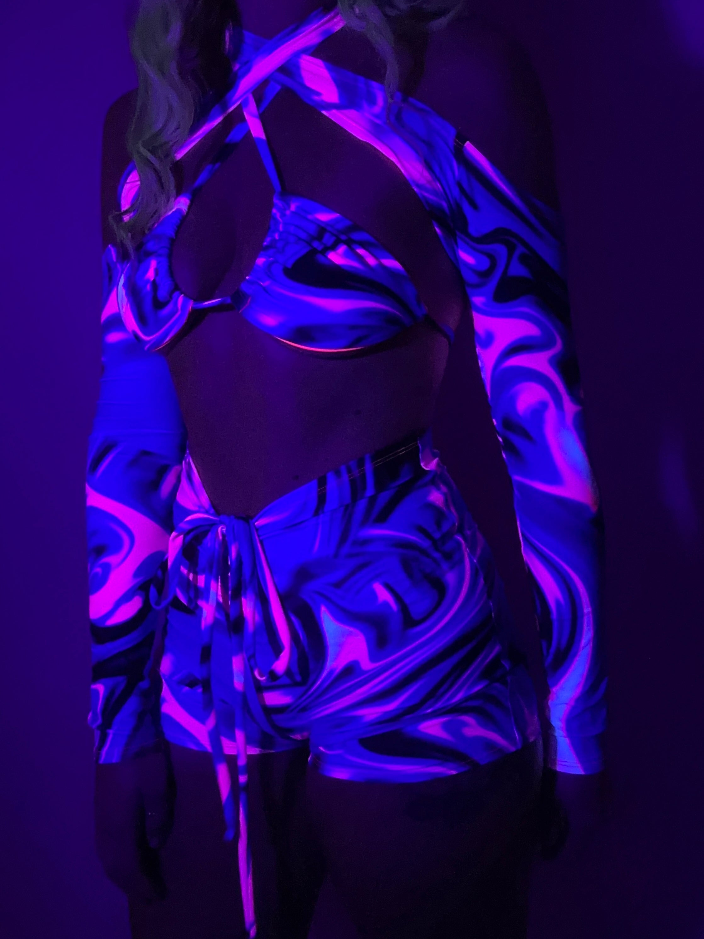 Bralet, Arm sleeves & Shorts set - UV Wavey print (Blue colour) image 3
