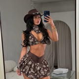 Chocolate Denim Bandana Print - Full Set, Ruffle Bralet, Skirt & Bandana
