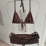 Chocolate Brown Bikini Set, Sequin Skirt