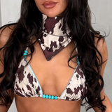 Turquoise & Cow Print (Brown) - Full Set - Bikini Set, Shorts & Bandana