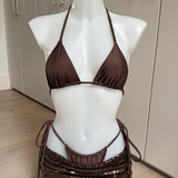 Chocolate Brown Bikini Set, Sequin Skirt