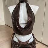 Chocolate Brown Bikini Set, Sequin Cowl Neck Top & Skirt - Bundle