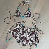 Turquoise & Cow Print (Brown) -  Bikini Set & Shorts (No Neck Scarf)