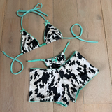Turquoise & Cow Print - Full Set - Bikini Set, Shorts & Bandana