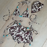 Turquoise & Cow Print (Brown) - Full Set - Bikini Set, Shorts & Bandana