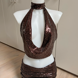 Chocolate Brown Sequin Cowl Neck Top & Skirt (No Bikini)