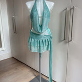 Pearl Beaded Mint Bikini Set, Metallic Mint Sheer Cowl Neck Top & Skirt - Bundle Deal