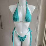 Turquoise Textured Bikini Set & Skirt