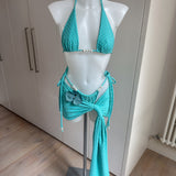 Turquoise Textured Bikini Set & Skirt