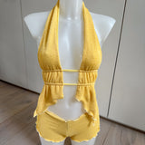 Lemon Yellow  - Crinkle Halter Neck Top & Shorts