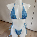 Powder Blue Sequin Bikini Set & Skirt