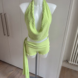 Cowl Neck Top & Side Tie Shorts - Green