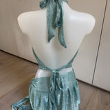 Pearl Beaded Mint Bikini top, Metallic Mint Sheer Cowl Neck Top & Skirt - Bundle Deal