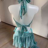 Pearl Beaded Mint Bikini Set, Metallic Mint Sheer Cowl Neck Top & Skirt - Bundle Deal