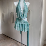 Pearl Beaded Mint Bikini top, Metallic Mint Sheer Cowl Neck Top & Skirt - Bundle Deal