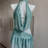 Pearl Beaded Mint Bikini top, Metallic Mint Sheer Cowl Neck Top & Skirt - Bundle Deal