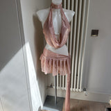 Pearl Beaded Blush Pink Bikini Set, Metallic Blush Pink Sheer Cowl Neck Top & Skirt - Full Set Bundle Deal