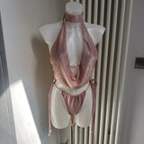 Pearl Beaded Blush Pink Bikini Set, Metallic Blush Pink Sheer Cowl Neck Top & Skirt - Full Set Bundle Deal