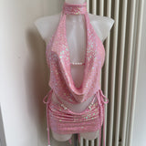 Baby Pink Bikini Set, Sequin Cowl Neck Top & Skirt - Bundle