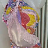 Pastel Sequin Fringe Halter Neck Top