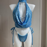 Powder Blue Bikini Set, Sequin Cowl Neck Top & Skirt