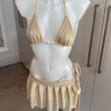 Pearl Beaded Gold Bikini Set, Metallic Gold Sheer Cowl Neck Top & Skirt - Full Set Bundle Deal