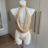 Pearl Beaded Gold Bikini Set, Metallic Gold Sheer Cowl Neck Top & Skirt - Full Set Bundle Deal