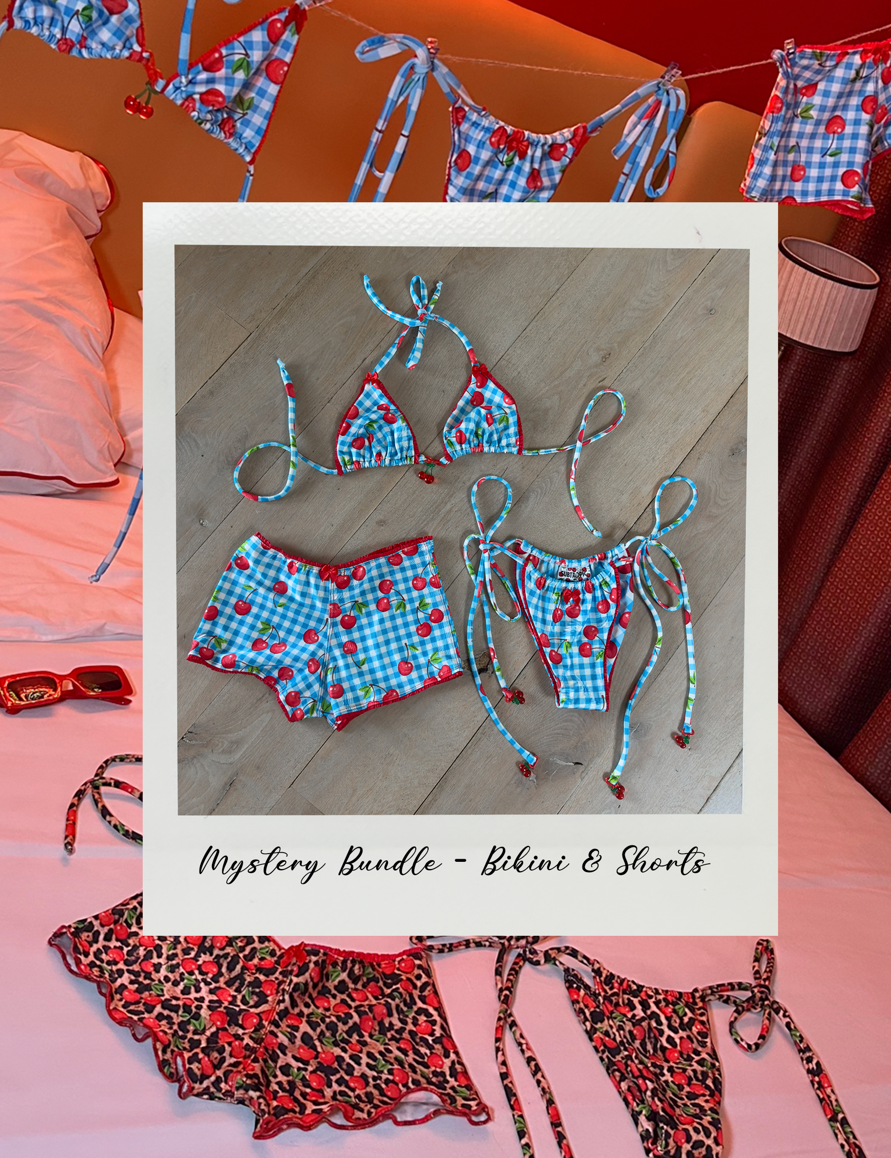 Gingham Cherry Print Bikini and Micro Shorts
