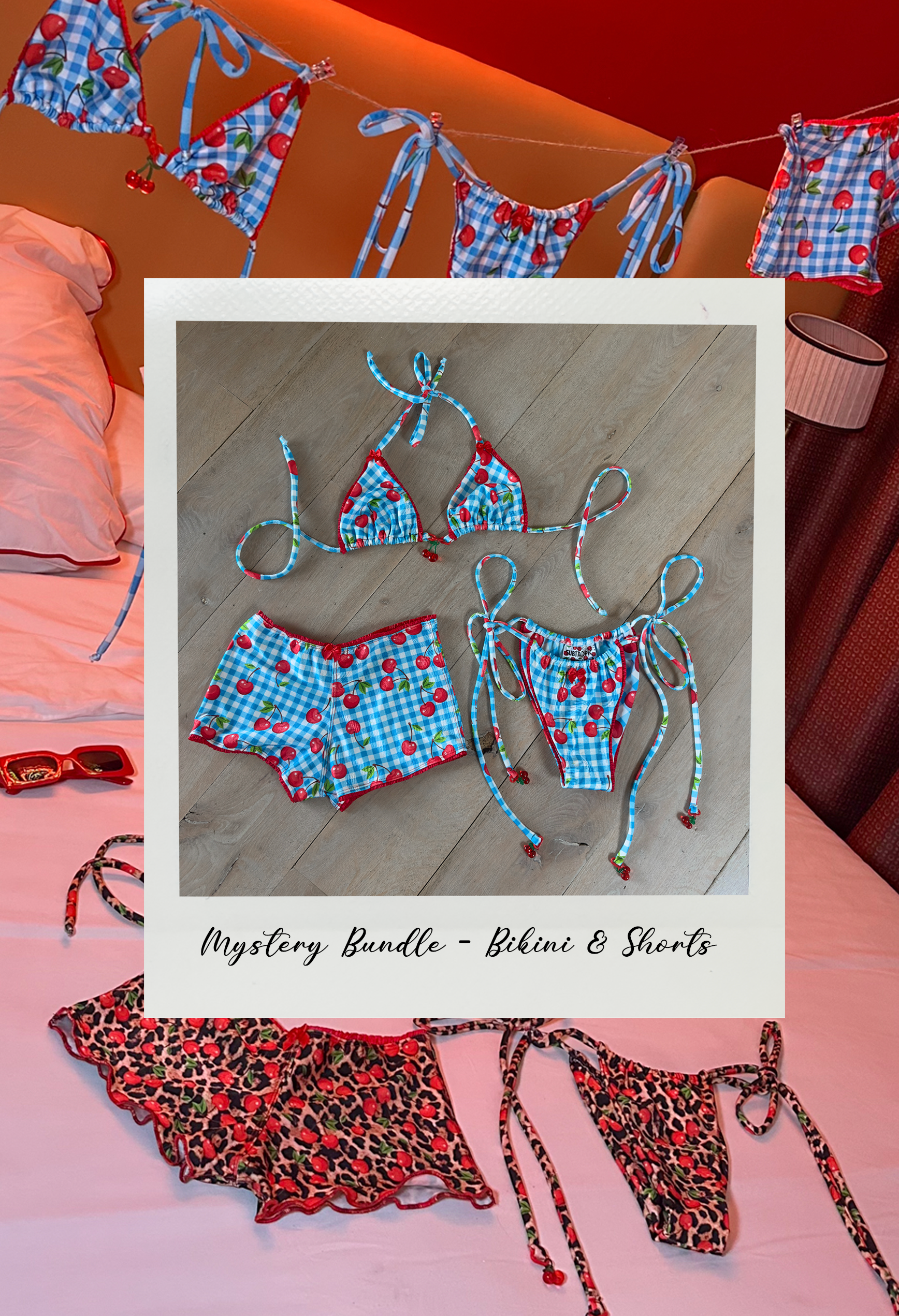 Gingham Cherry Print Bikini and Micro Shorts
