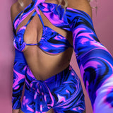 Bralet, Arm sleeves & Shorts set - UV Wavey print (Blue colour) image 4