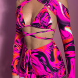 Bralet, Arm sleeves & Shorts set - UV Wavey print (Pink colour) image 0